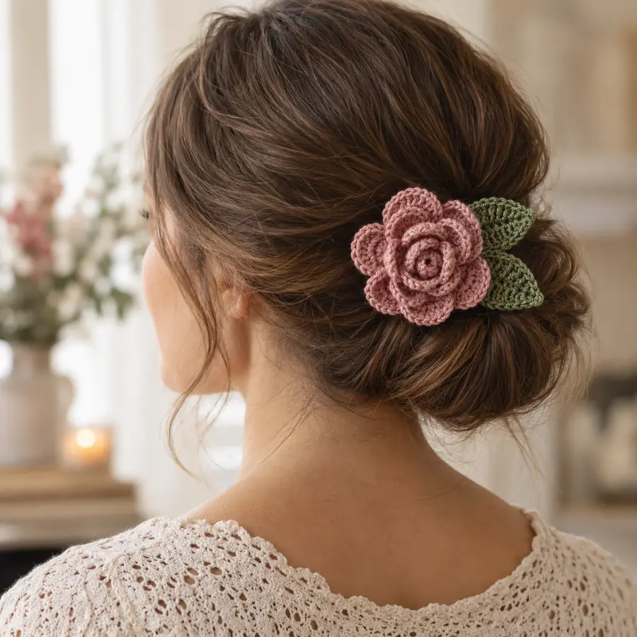 Gehäkelte Rose als Haarschmuck