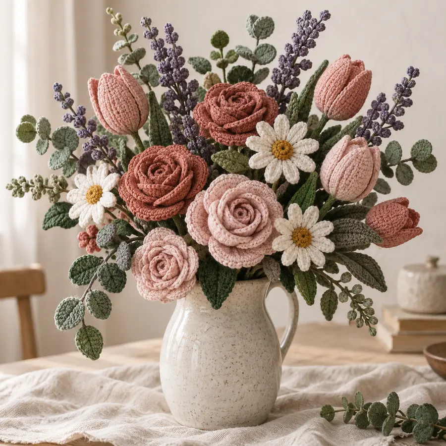Rosen, Tulpen und Gänseblümchen häkeln