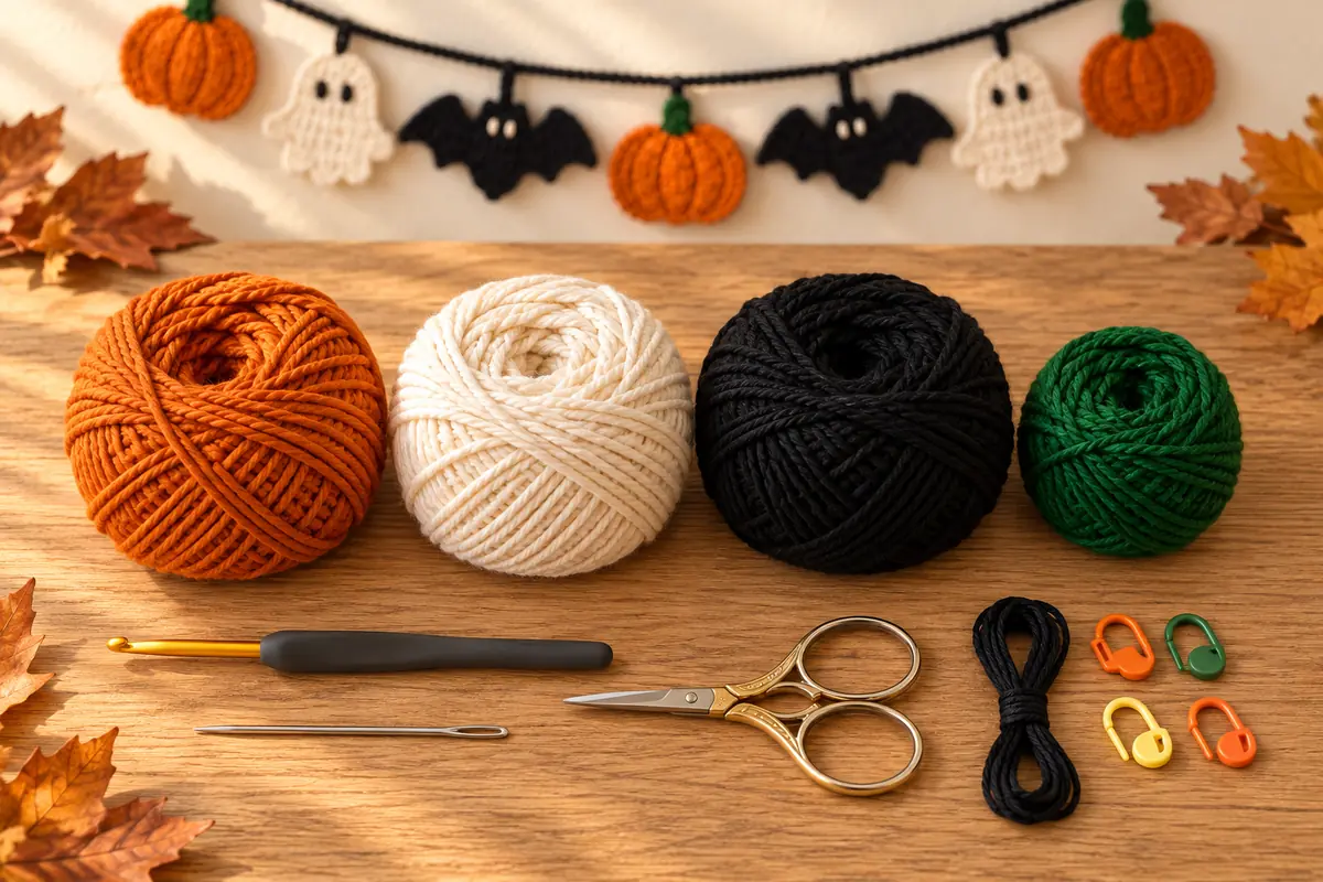 Baumwollgarn in Orange Creme Schwarz und Dunkelgrün mit Häkelnadel Schere Wollnadel Stickgarn und Maschenmarkierern