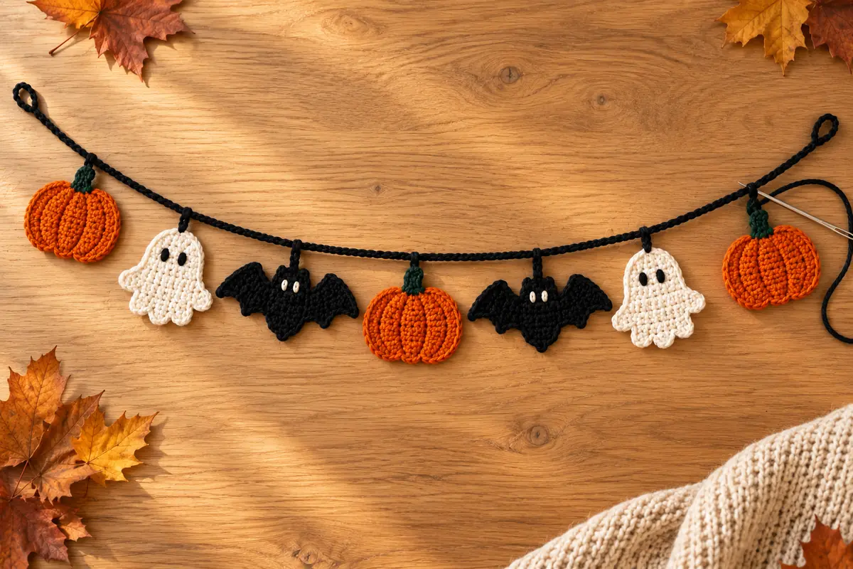 Sieben gehäkelte Halloween-Motive werden in gleichmäßigen Abständen an einer schwarzen Luftmaschenkette befestigt