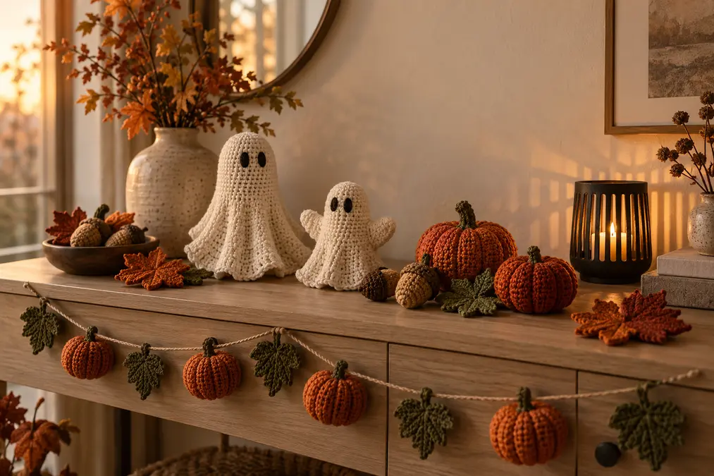 Halloween Häkeldeko mit Geistern, Kürbissen und Blättern