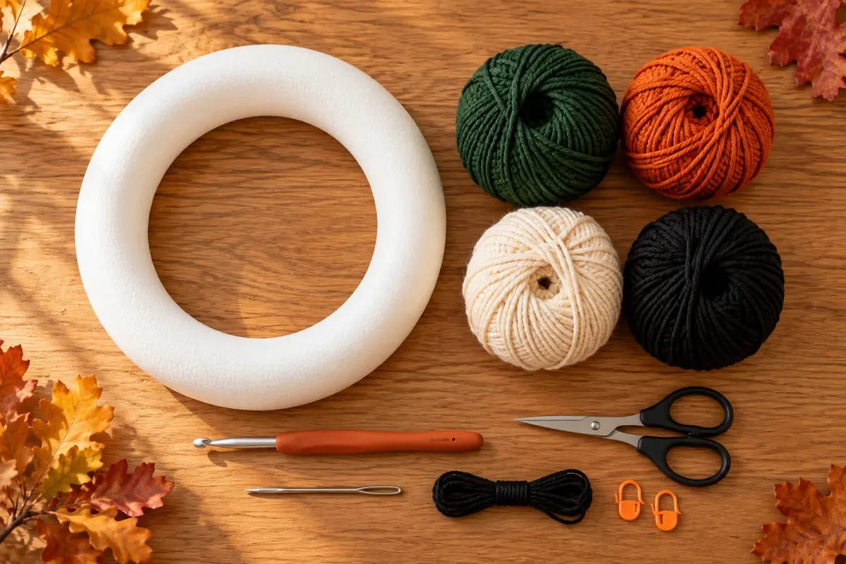 Styroporkranz Baumwollgarn in Dunkelgrün Orange Creme und Schwarz Häkelnadel Schere Wollnadel und Maschenmarkierer