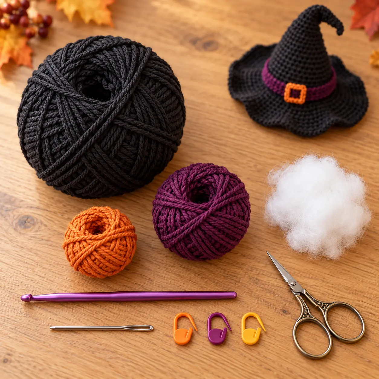 Baumwollgarn in Schwarz Violett und Orange mit Häkelnadel Schere Wollnadel Maschenmarkierern und Füllwatte