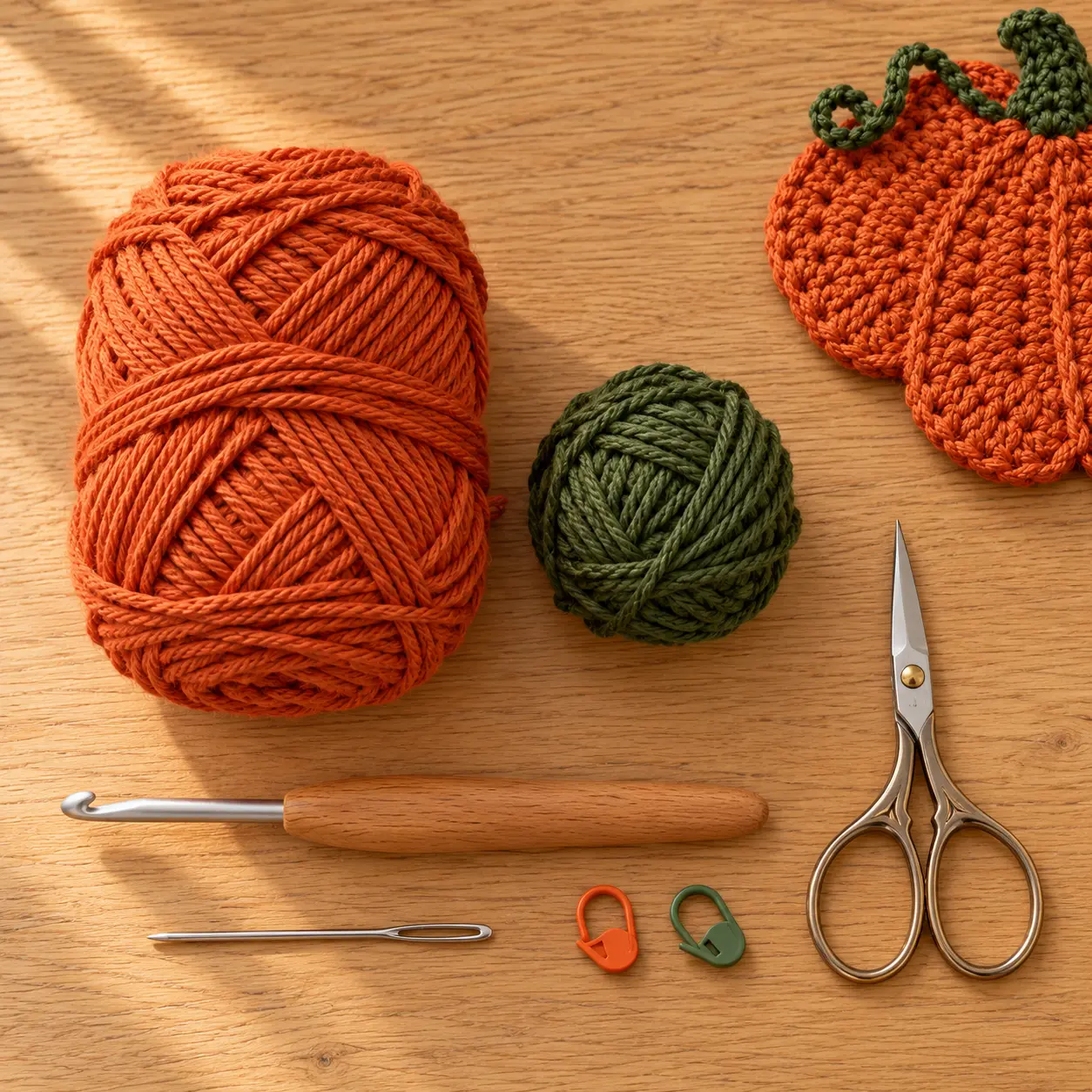 Orangefarbenes und grünes Baumwollgarn mit Häkelnadel Schere Wollnadel und Maschenmarkierern