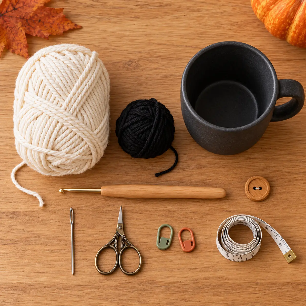 Cremefarbenes und schwarzes Garn mit dunkler Tasse Häkelnadel Holzknopf Wollnadel Schere Maschenmarkierern und Maßband
