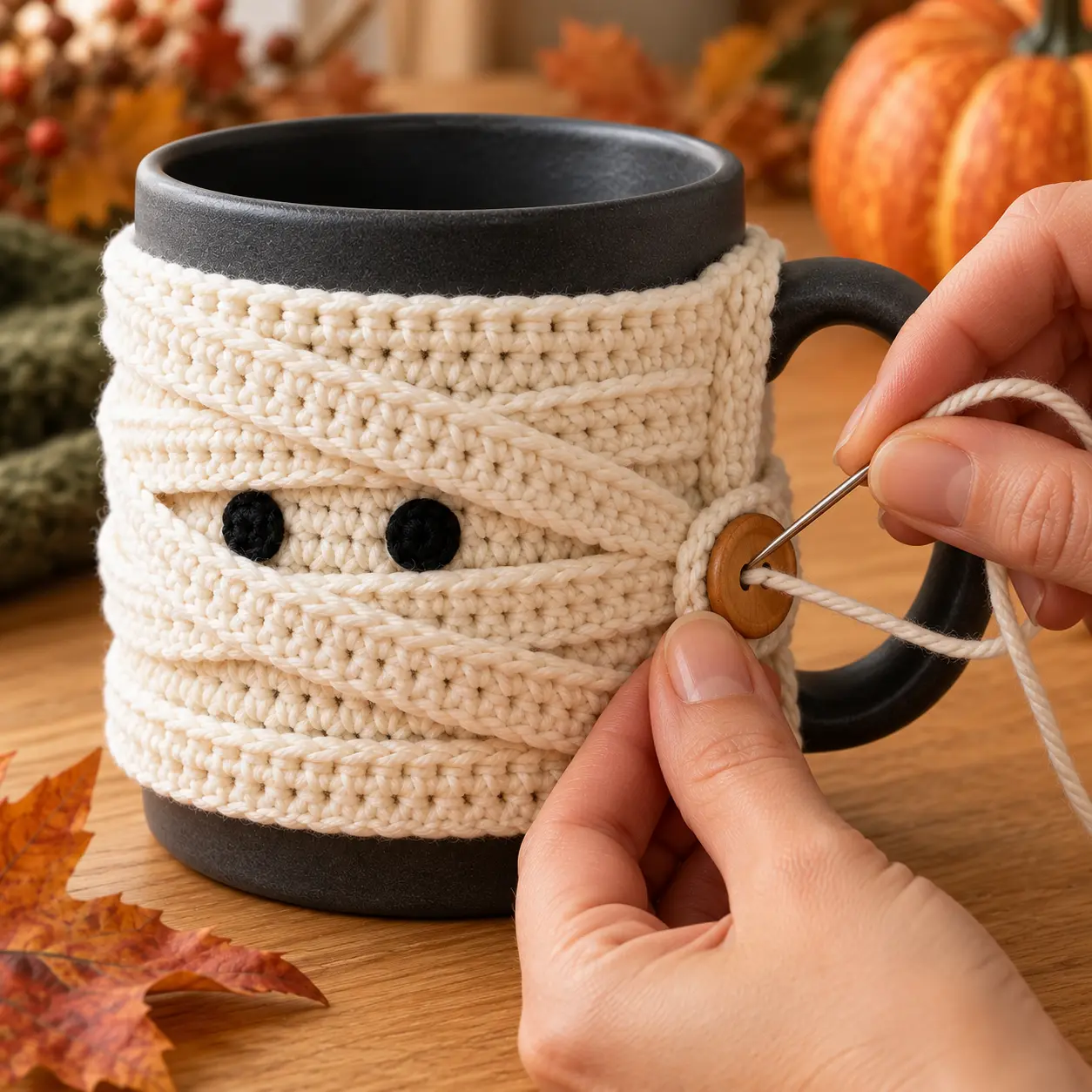 Mumien-Tassenwärmer an einer dunklen Tasse während ein Holzknopf neben dem Henkel befestigt wird