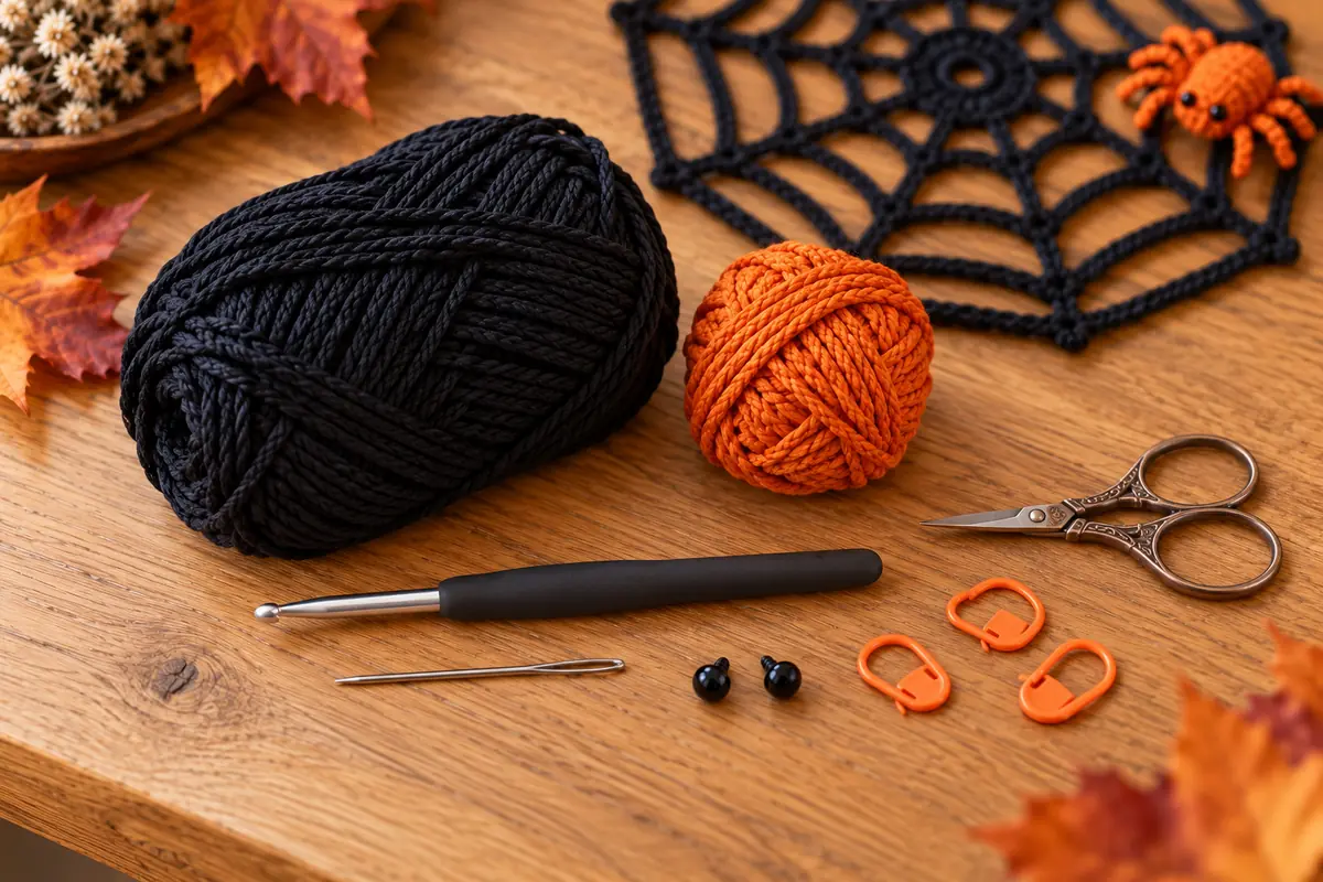 Schwarzes und orangefarbenes Baumwollgarn mit Häkelnadel Schere Wollnadel Sicherheitsaugen und Maschenmarkierern