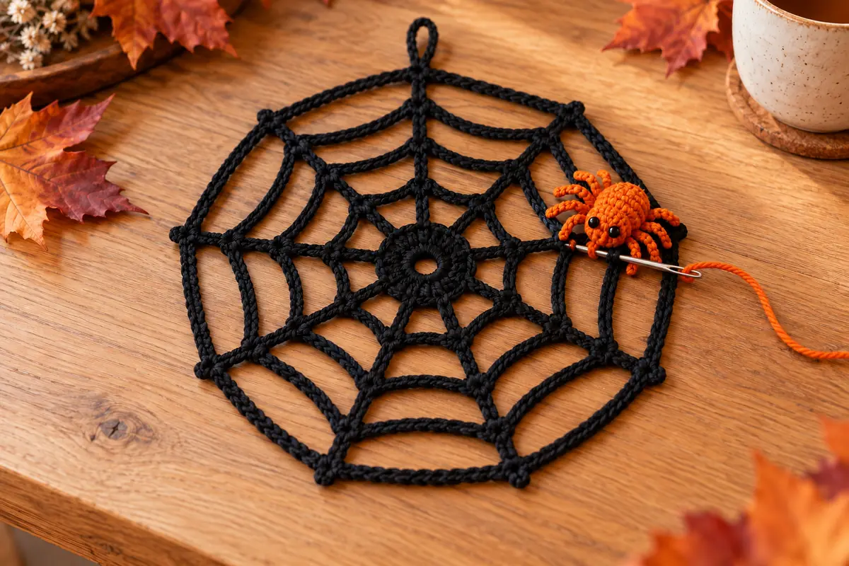 Orangefarbene gehäkelte Spinne wird mit einer Wollnadel am Rand des schwarzen Spinnennetzes befestigt