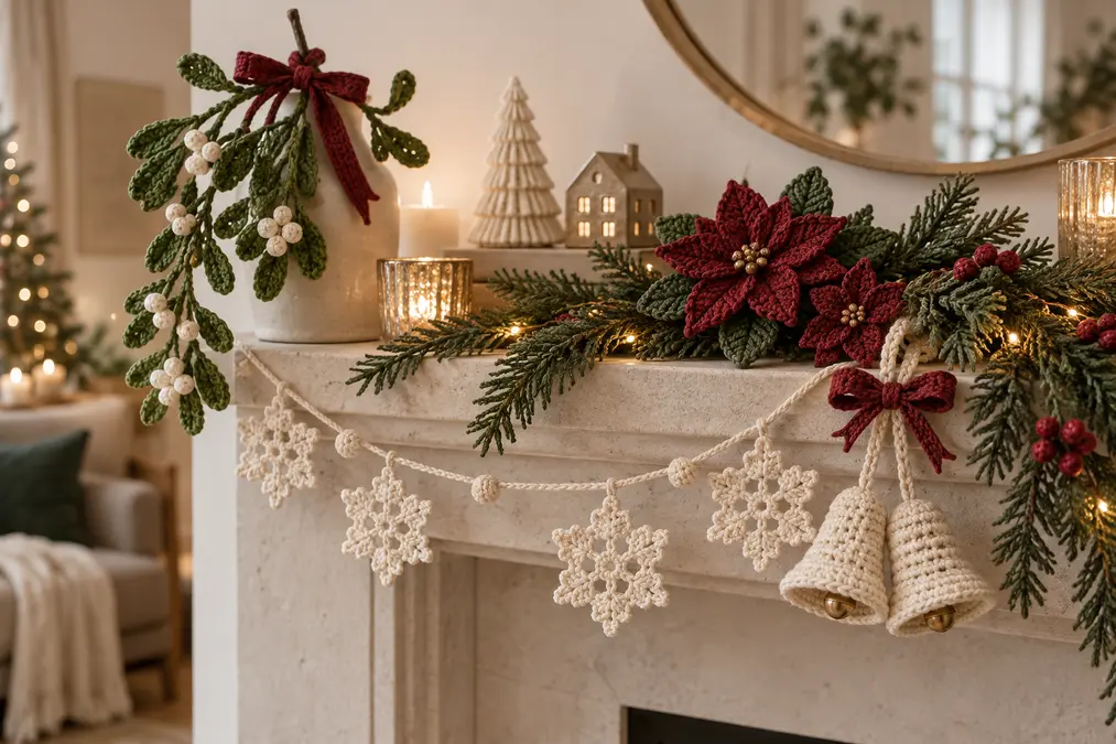 Weihnachts Häkeldeko mit Schneeflocken, Glocken und Mistelzweig