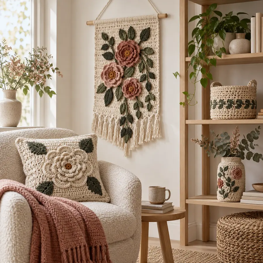 Moderne Wohndeko mit gehäkelten Blumen