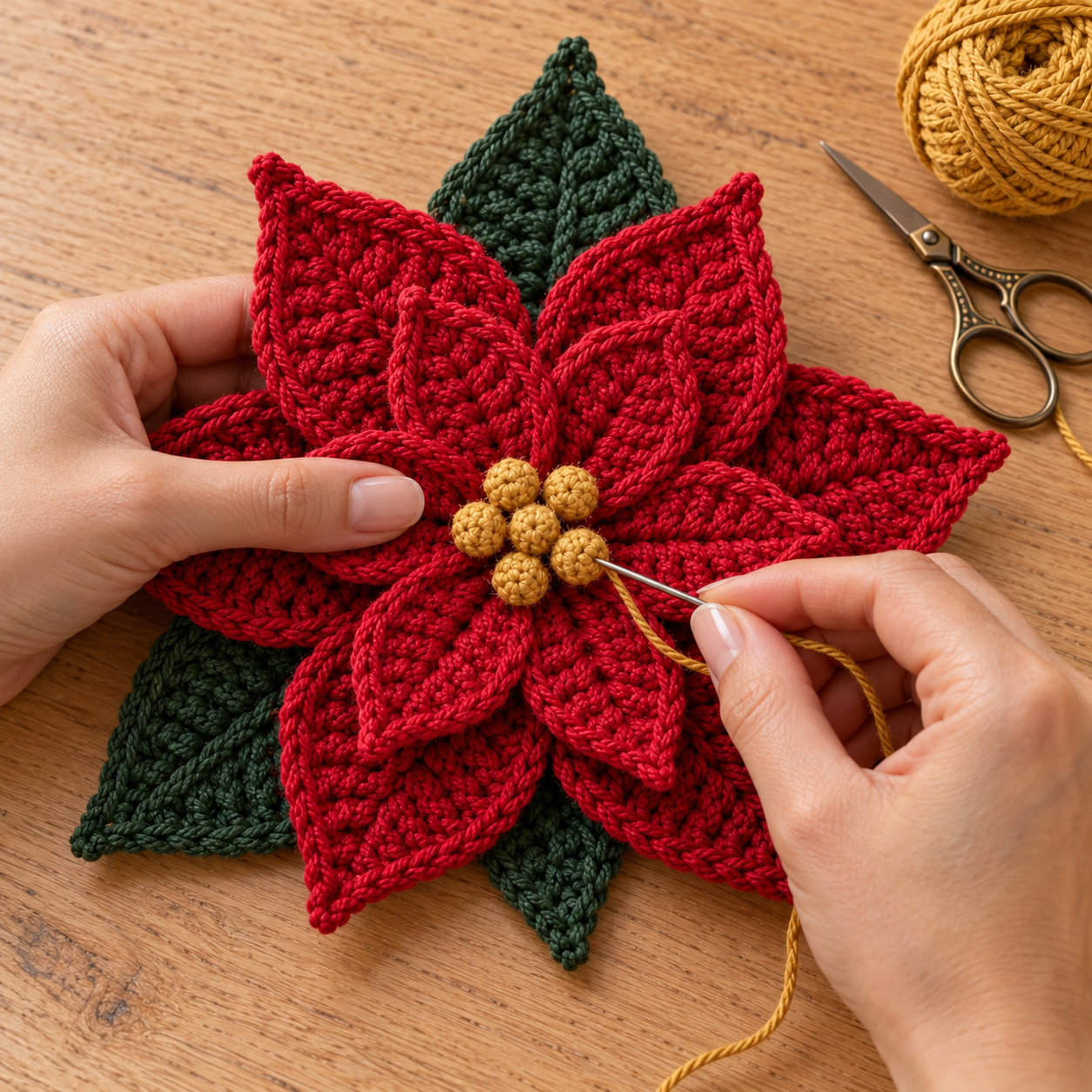 Gehäkelte Weihnachtsstern-Blüte während die letzte goldene Knospe mit einer Wollnadel befestigt wird