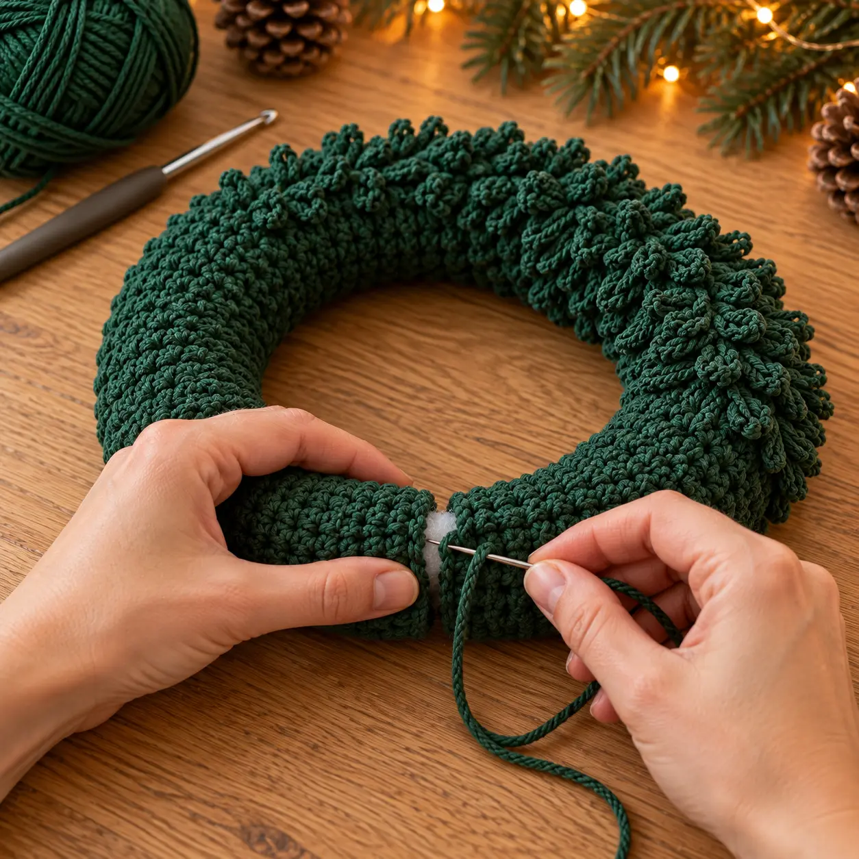 Grüne gehäkelte und gefüllte Kranzbasis wird mit einer Wollnadel zu einem Ring zusammengenäht