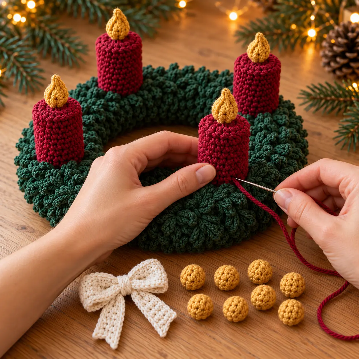 Vierte rote Häkelkerze wird mit einer Wollnadel auf die grüne Adventskranzbasis genäht während Schleife und Beeren bereitliegen