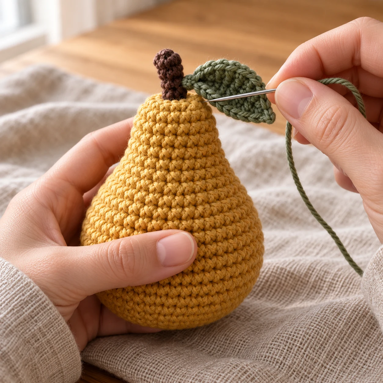 Ein grünes Häkelblatt wird mit einer Wollnadel neben dem braunen Stiel einer senfgelben Birne angenäht