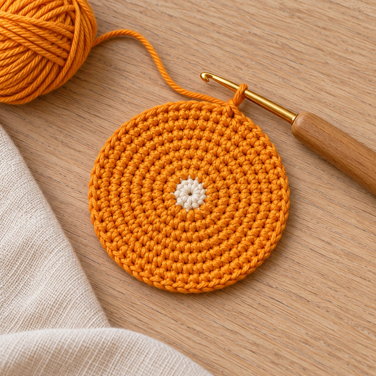 Ein flacher orangefarbener Häkelkreis mit kleinem cremefarbenem Mittelpunkt vor Rand und Segmentstickerei