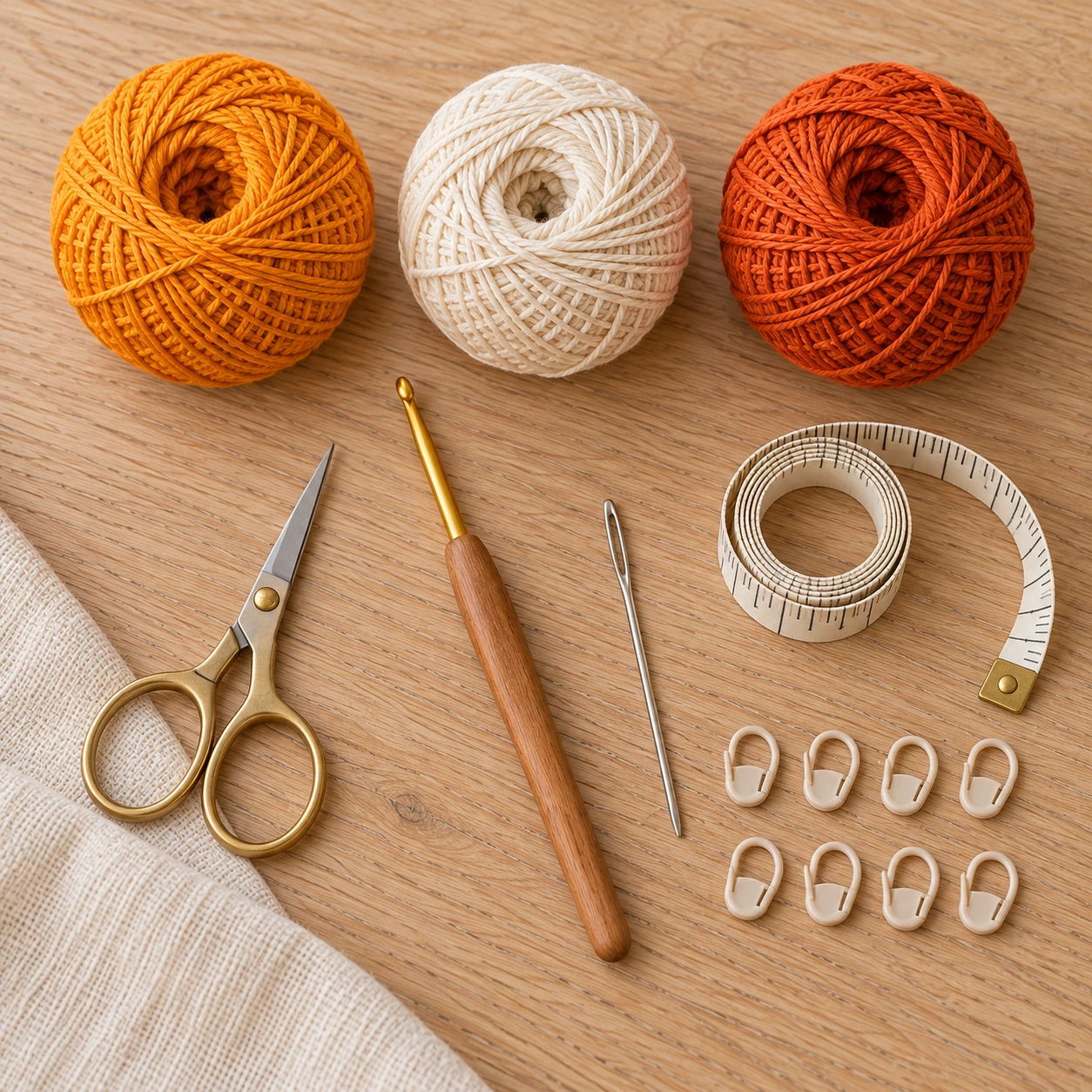 Baumwollgarn in Goldorange, Creme und Terracotta mit Häkelnadel, Schere, Wollnadel, Maßband und acht Maschenmarkierern