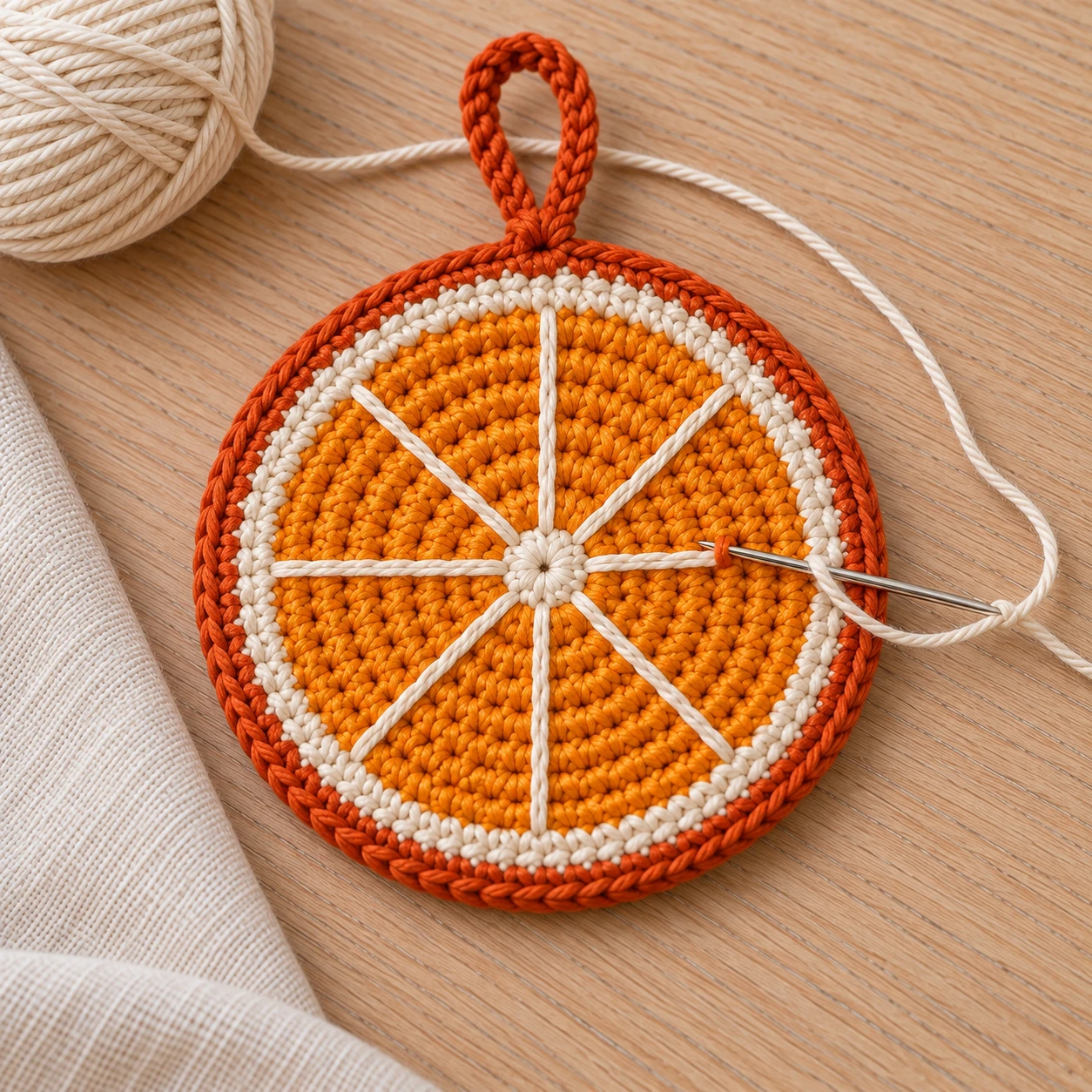 Eine Wollnadel stickt cremefarbene Trennlinien auf eine gehäkelte Orangenscheibe mit bereits fertiger Schale und Aufhängerschlaufe