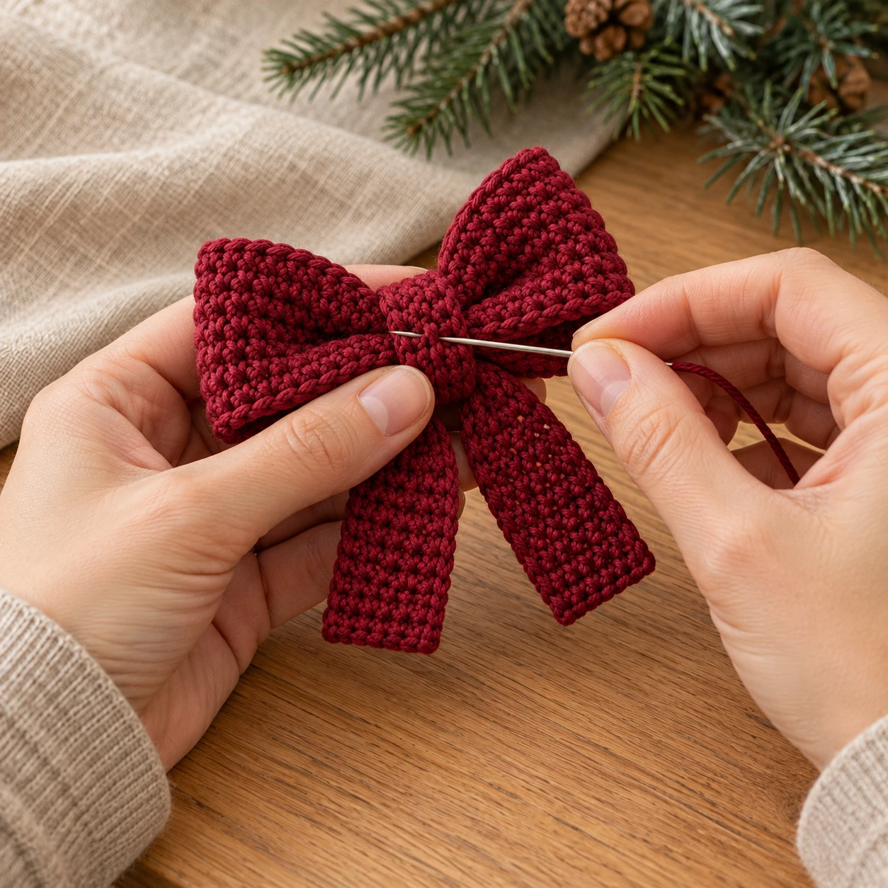 Hände halten eine rote Häkel-Schleife, während das Mittelband mit einer Wollnadel befestigt wird