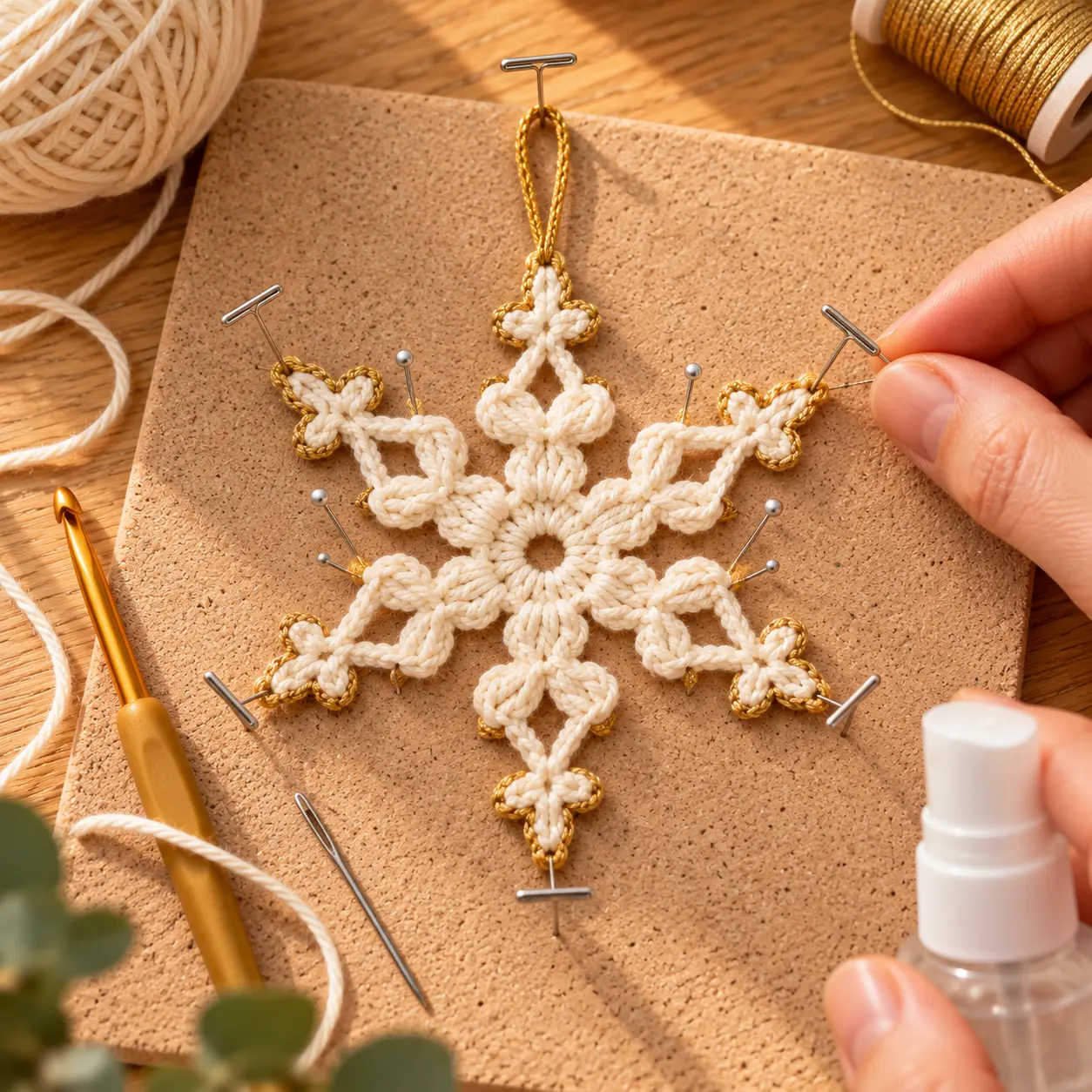 Cremefarbene Häkel-Schneeflocke mit goldenen Spitzen und Aufhängeschlaufe wird auf einer Korkmatte symmetrisch festgesteckt und angefeuchtet