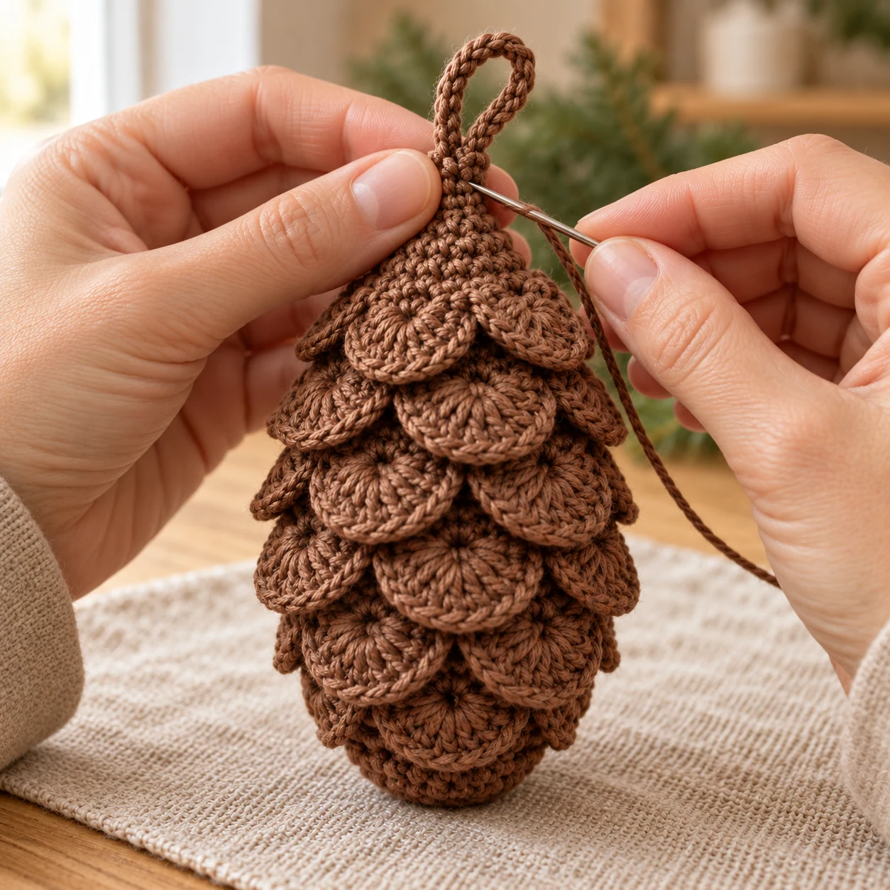 Eine braune Häkelschlaufe wird mit einer Wollnadel an der Zapfenspitze befestigt